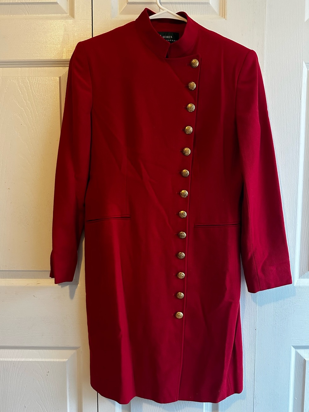 Vintage Lauren Ralph Lauren Red Wool Gold Button-Front Military Coat Dress